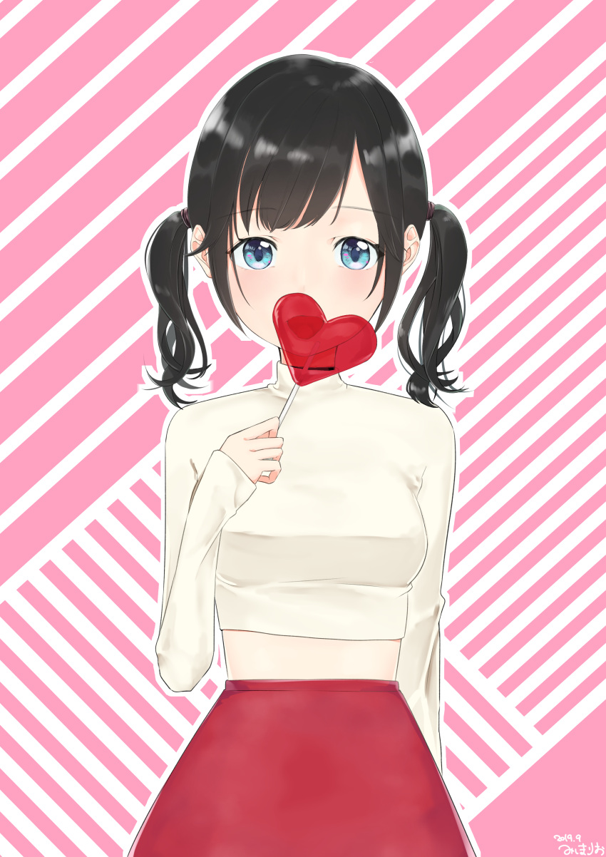 1girl absurdres bangs black_hair blue_eyes blush breasts commentary_request dated diagonal-striped_background diagonal_stripes eyebrows_visible_through_hair food hair_tie hand_up heart_lollipop highres holding holding_food holding_lollipop licking long_sleeves looking_at_viewer midriff mishima_ryo original outline red_skirt shirt sidelocks signature skirt sleeves_past_wrists small_breasts solo striped striped_background tongue tongue_out transparent twintails white_outline white_shirt