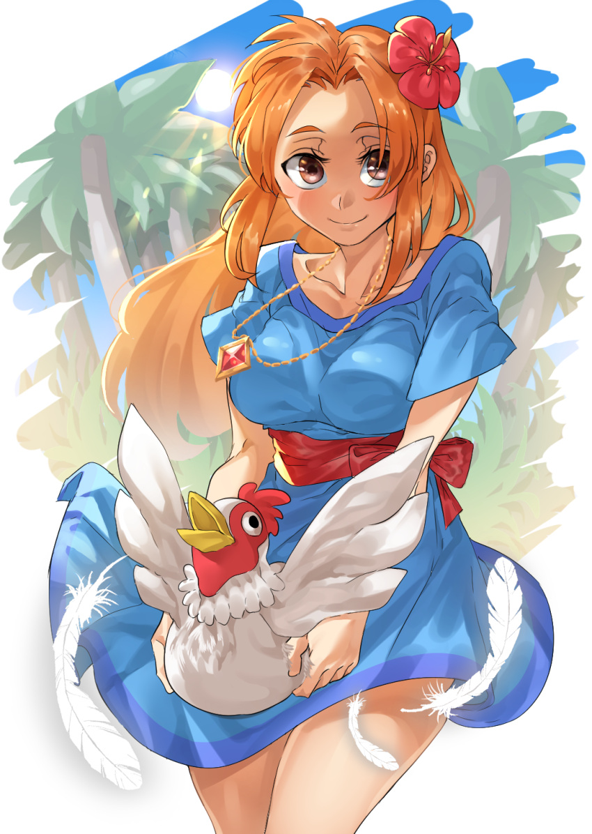 1girl bangs bird blue_dress blue_sky breasts brown_eyes chicken collarbone day dress flower geroro44 hair_flower hair_ornament hibiscus highres holding_bird jewelry long_hair marin_(the_legend_of_zelda) medium_breasts necklace orange_hair outdoors parted_bangs sash short_sleeves sky smile solo standing sun the_legend_of_zelda the_legend_of_zelda:_link's_awakening tree white_feathers