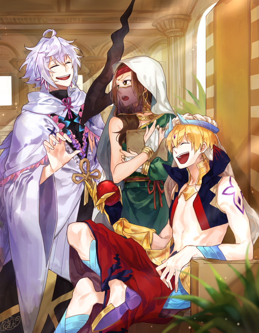 1boy 2girls :d blonde_hair bridal_gauntlets brown_eyes brown_hair column commentary_request earrings fate/grand_order fate_(series) food fruit gauntlets gilgamesh gilgamesh_(caster)_(fate) hair_over_shoulder headband highres holding holding_food holding_fruit hood hood_down jewelry laughing long_hair looking_at_another looking_back medium_hair merlin_(fate) multiple_girls open_mouth pillar red_headband rei_leeyu robe siduri_(fate/grand_order) signature silver_hair single_gauntlet sitting smile standing sweatdrop tattoo throne vest