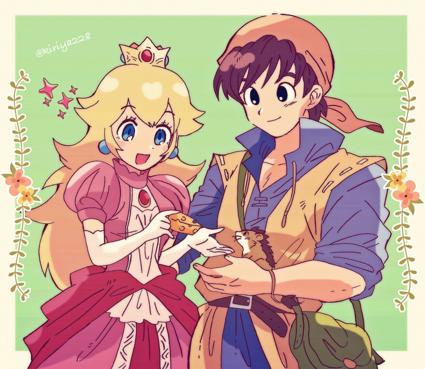 1boy 1girl adult animal bandana bird_studio black_hair blonde_hair blue_eyes blush brown_eyes brown_hair crown dragon_quest dragon_quest_viii dress earrings eight_(dragon_quest) elbow_gloves gloves hair_ornament hero_(dq8) highres human jewelry kiriya_(552260) long_hair super_mario_bros. mouse nintendo nintendo_ead open_mouth pink_dress princess princess_peach shirt simple_background smile sora_(company) square_enix super_mario_bros. super_smash_bros. teenage toei_animation