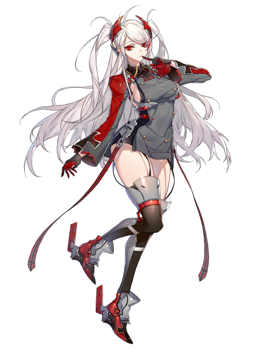 1girl antenna_hair azur_lane bangs breasts closed_mouth eyebrows_visible_through_hair eyelashes eyes_visible_through_hair finger_to_mouth floating_hair full_body garter_straps gloves hachizowo hand_up headgear high_heels highres iron_cross knees_up long_hair long_sleeves looking_at_viewer medium_breasts mole mole_on_breast multicolored_hair prinz_eugen_(azur_lane) red_eyes redhead rudder_footwear sideboob simple_background solo standing streaked_hair swept_bangs thigh-highs thighs two_side_up very_long_hair white_background white_hair