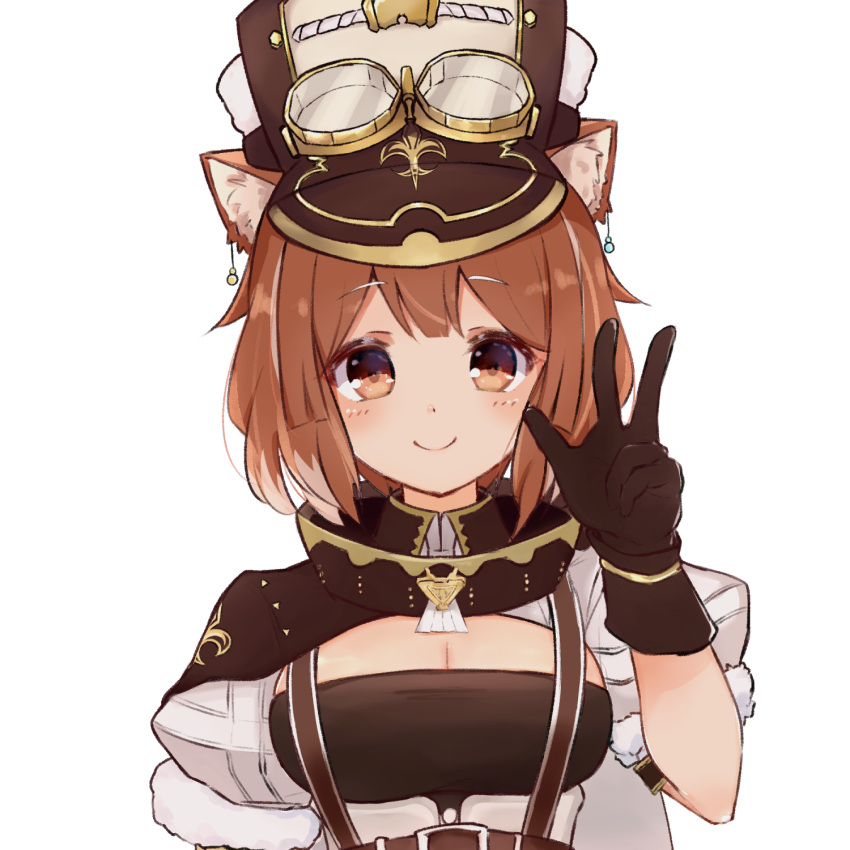 1girl animal_ear_fluff animal_ears black_gloves breasts brown_hair cape cleavage_cutout closed_mouth gloves goggles goggles_on_headwear hat highres large_breasts looking_at_viewer nijisanji orange_eyes puffy_short_sleeves puffy_sleeves ratna_petit red_panda_ears shimaji_noma short_sleeves smile solo transparent_background upper_body virtual_youtuber w