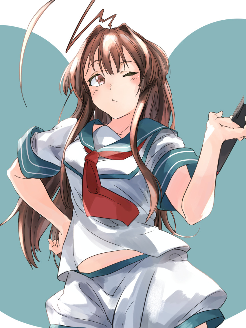 1girl ahoge ailiner7060 brown_eyes brown_hair commentary_request cowboy_shot green_sailor_collar hand_on_hip highres huge_ahoge kantai_collection kuma_(kantai_collection) long_hair neckerchief one_eye_closed red_neckwear sailor_collar school_uniform serafuku short_sleeves shorts solo torpedo two-tone_background white_shorts