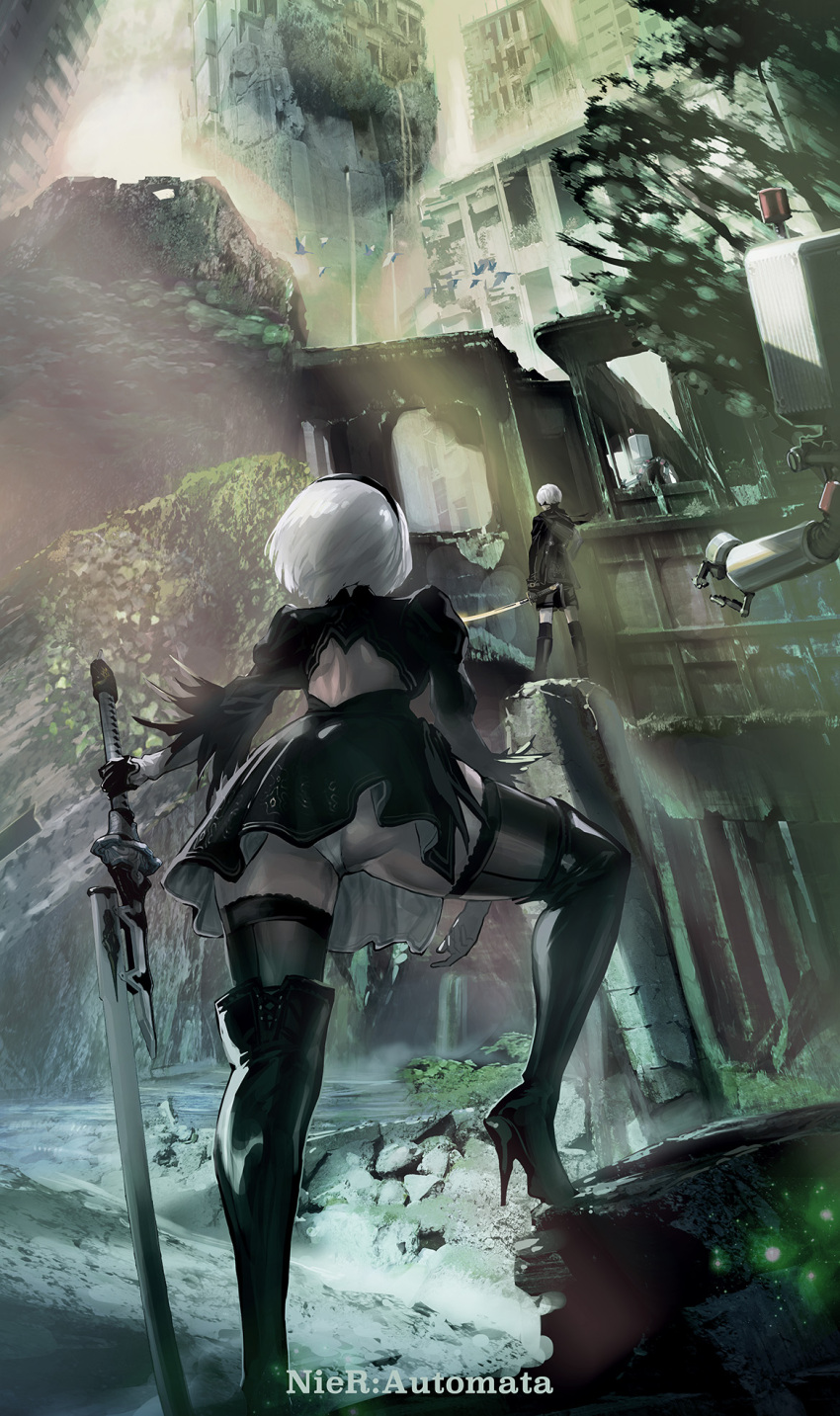 1boy 1girl back_cutout black_dress black_hairband boots dress drone feather-trimmed_sleeves feather_trim from_behind hairband high_heel_boots high_heels highres juliet_sleeves katana leotard long_sleeves maeshima_shigeki nier_(series) nier_automata pod_(nier_automata) puffy_sleeves robot ruins shorts silver_hair sword thigh-highs thighhighs_under_boots vambraces weapon white_leotard yorha_no._2_type_b yorha_no._9_type_s