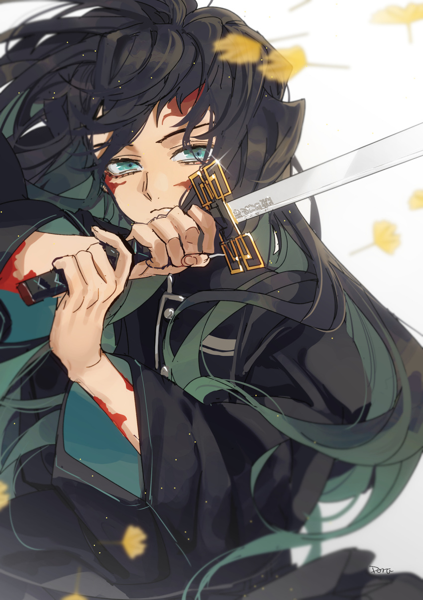 1boy black_hair blood blood_on_face doran7280 expressionless green_eyes highres holding kimetsu_no_yaiba leaf looking_at_viewer male_focus solo sword tokitou_muichirou weapon