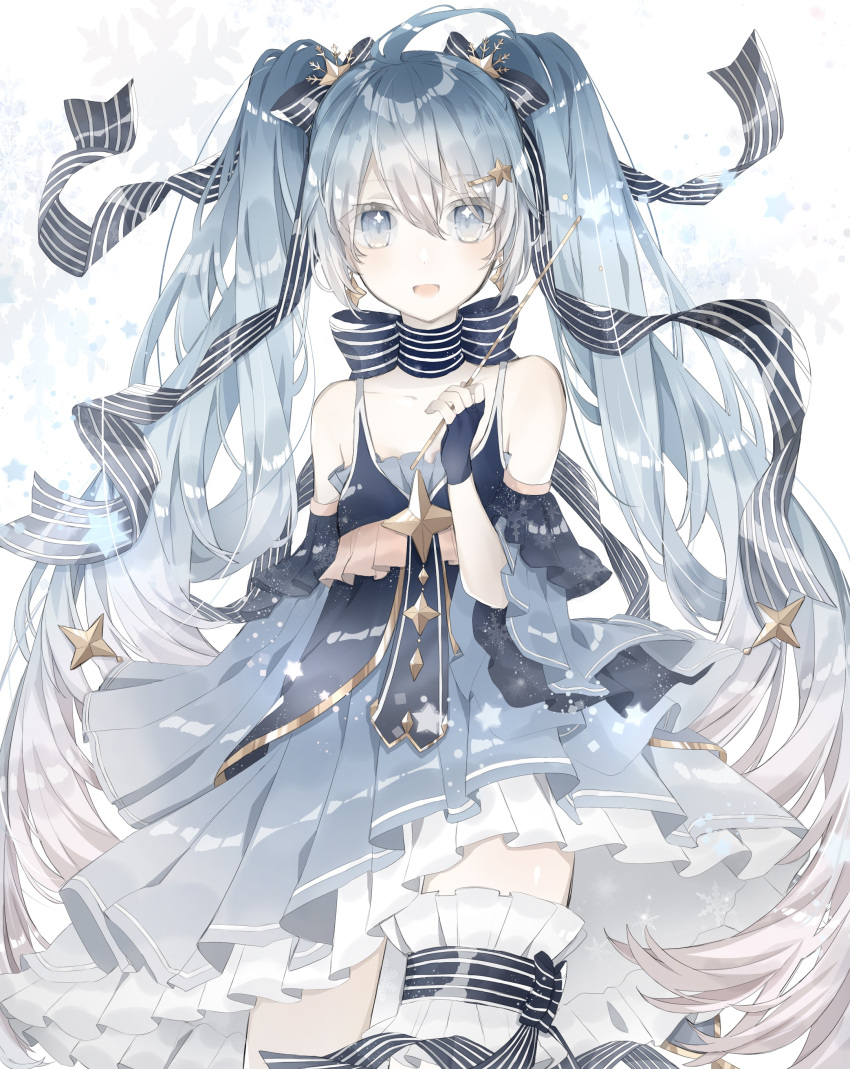 1girl :d absurdres bangs bare_shoulders black_bow blue_dress blue_eyes blue_gloves blue_hair blue_sleeves bow collarbone commentary_request detached_sleeves dress eyebrows_visible_through_hair fingerless_gloves gloves hair_between_eyes hair_bow hair_ornament hairclip hand_up hatsune_miku highres holding long_hair long_sleeves open_mouth pleated_dress siho_(ricchil) smile snowflake_print solo star star_hair_ornament striped striped_bow twintails very_long_hair vocaloid wide_sleeves yuki_miku_(2017)