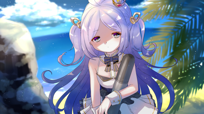 1girl anyaaki azur_lane bangs beach black_bow blue_eyes blue_sky bow breasts clouds day dress jupiter_(azur_lane) outdoors parted_bangs purple_hair rock sky small_breasts solo standing tilted_headwear torpedo two_side_up white_dress wrist_cuffs