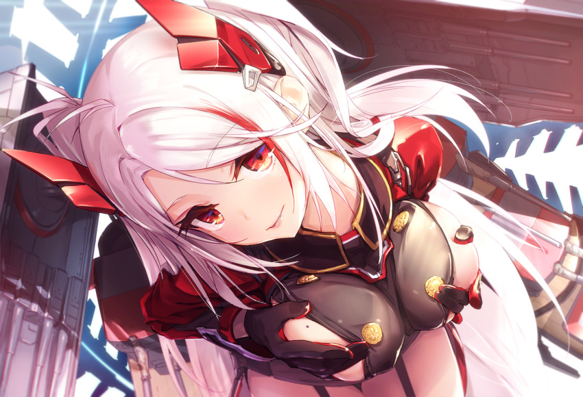 1girl antenna_hair azumi_akitake azur_lane bangs blush breast_squeeze breasts closed_mouth eyebrows_visible_through_hair gloves hair_between_eyes headgear iron_cross large_breasts leaning_forward leotard long_hair long_sleeves looking_at_viewer mole mole_on_breast multicolored_hair prinz_eugen_(azur_lane) red_eyes redhead rigging silver_hair smile solo streaked_hair two_side_up very_long_hair