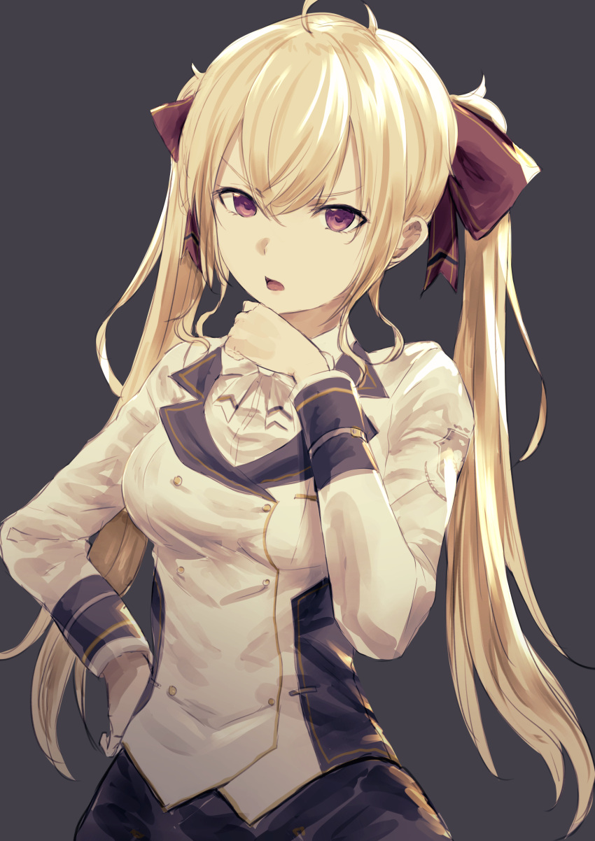 1girl absurdres ahoge bangs black_skirt blonde_hair bow breasts dress_shirt eyebrows_visible_through_hair grey_background hair_between_eyes hair_bow hand_on_hip hand_up highres jacket kumamoto_nomii-kun large_breasts long_hair long_sleeves looking_at_viewer nijisanji open_mouth red_bow shirt simple_background skirt solo takamiya_rion twintails very_long_hair violet_eyes virtual_youtuber white_bow white_jacket white_shirt