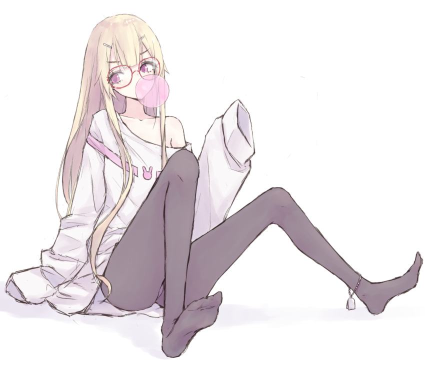 1girl absurdres bangs bare_shoulders black_legwear blonde_hair bubble_blowing buran_(kure) chewing_gum collarbone commentary_request eyebrows_visible_through_hair full_body girls_frontline glasses hair_ornament hairclip head_tilt highres long_hair long_sleeves looking_away looking_to_the_side no_shoes off_shoulder oversized_clothes oversized_shirt pantyhose purple_hair red-framed_eyewear shadow shirt sleeves_past_fingers sleeves_past_wrists soles solo sr-3mp_(girls_frontline) v-shaped_eyebrows very_long_hair white_shirt