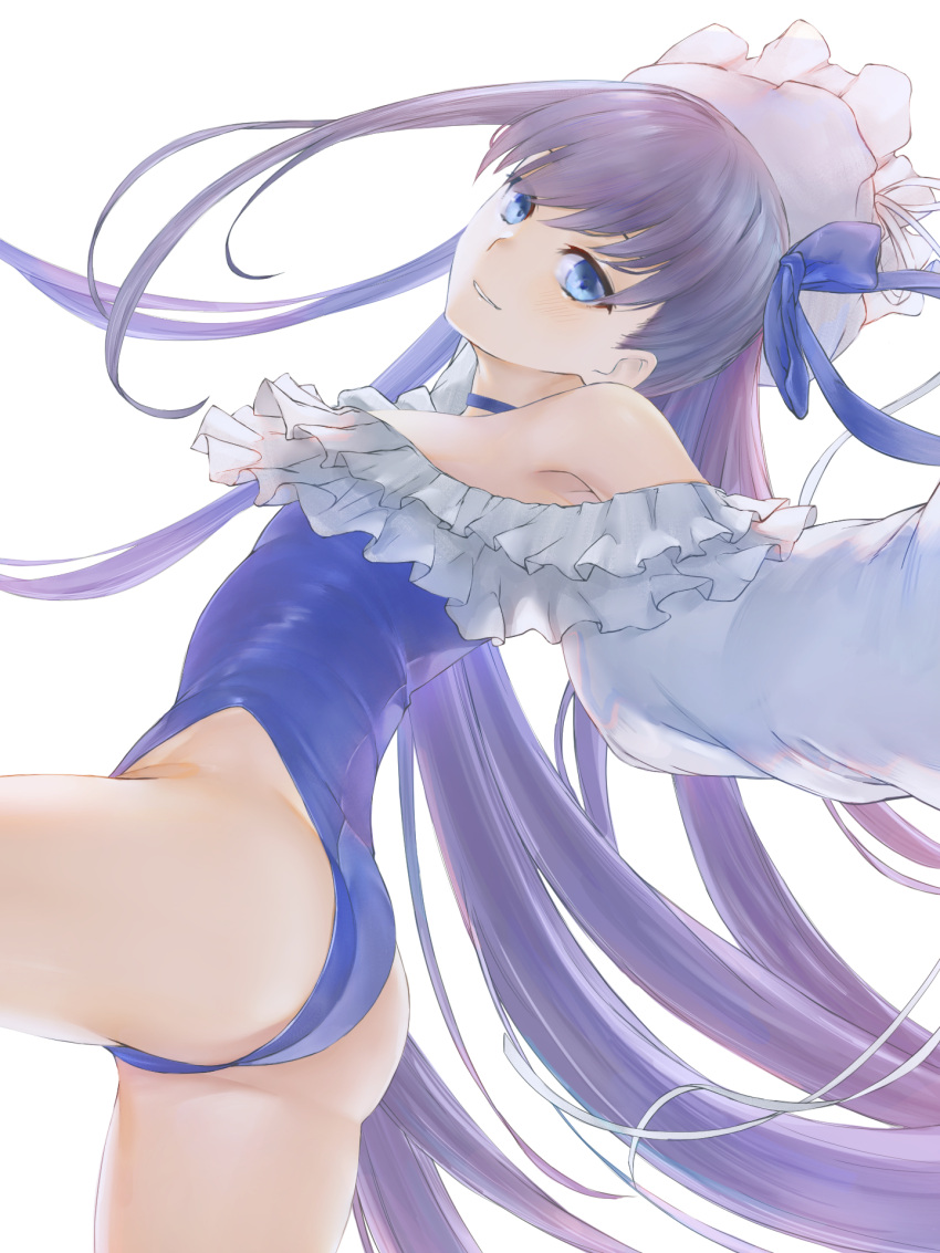 1girl ass bangs bare_shoulders blue_eyes blue_ribbon blue_swimsuit blush breasts choker fate/grand_order fate_(series) frills hair_between_eyes hands_up highleg highleg_swimsuit highres long_hair long_sleeves looking_at_viewer marulire meltryllis meltryllis_(swimsuit_lancer)_(fate) one-piece_swimsuit parted_lips puffy_sleeves purple_hair ribbon simple_background sleeves_past_fingers sleeves_past_wrists small_breasts smile solo swimsuit thighs very_long_hair white_background