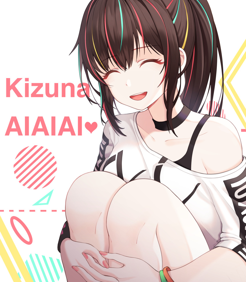 1girl a.i._channel absurdres aiaiai bangs bare_shoulders black_choker black_shirt blush breasts brown_hair character_name choker closed_eyes collarbone eyebrows_visible_through_hair facing_viewer hair_between_eyes hairband highres kizuna_ai long_hair multicolored_hair open_mouth pink_hair pink_hairband pink_nails shirt smile soli_(pouiliuoq_soli) solo streaked_hair virtual_youtuber white_shirt