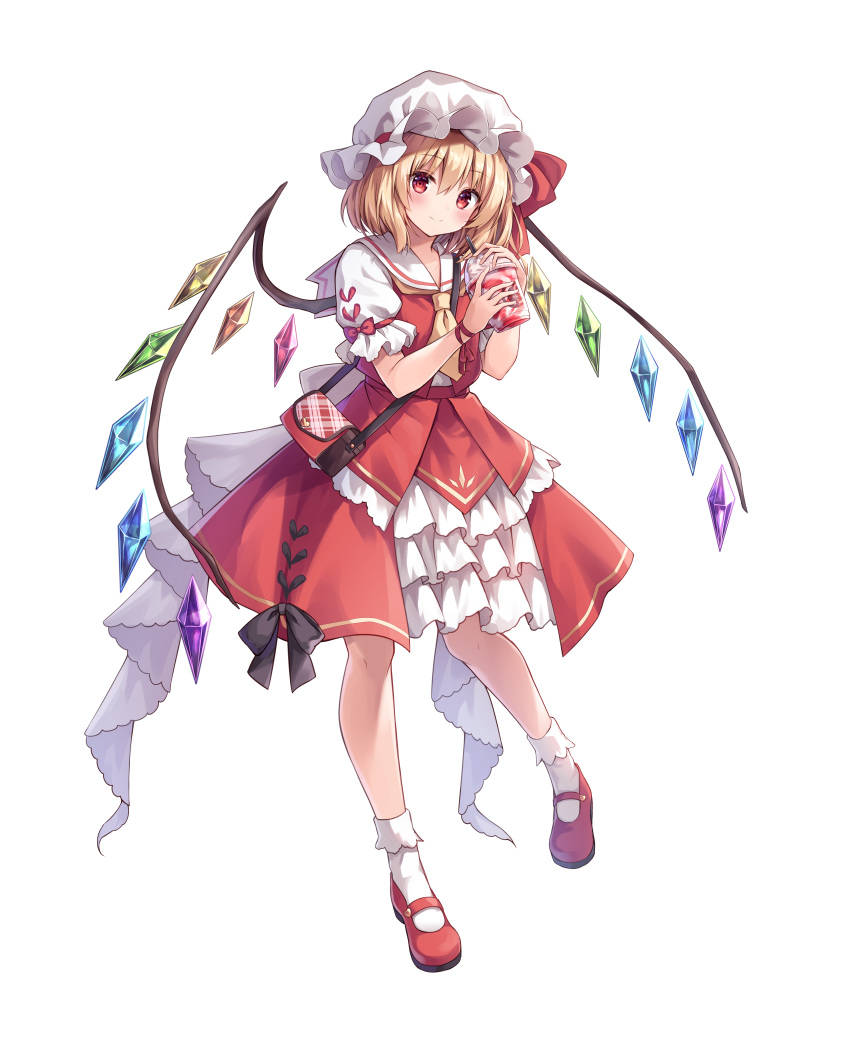 1girl absurdres adapted_costume back_bow bag blonde_hair blush bobby_socks bow closed_mouth crystal cup disposable_cup drinking_straw flandre_scarlet frills full_body handbag hands_up hat hat_ribbon head_tilt highres holding_drink kure~pu looking_at_viewer mary_janes medium_hair milkshake mob_cap plaid_bag puffy_short_sleeves puffy_sleeves red_eyes red_footwear red_skirt red_vest ribbon sailor_collar shirt shoes short_sleeves shoulder_bag skirt skirt_set smile socks solo standing standing_on_one_leg touhou transparent_background vest white_legwear white_shirt wings wrist_ribbon yellow_neckwear