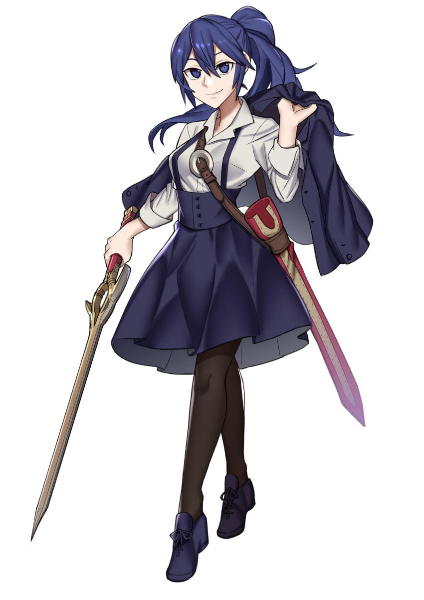 1girl absurdres alternate_costume bag blouse blue_eyes blue_hair breasts casual center_frills corset crest ebinku fire_emblem fire_emblem_awakening high-waist_skirt highres holding holding_jacket holding_sword holding_weapon jacket jacket_on_shoulders legs_apart loafers long_hair looking_at_viewer lucina lucina_(fire_emblem) meme_attire ponytail satchel scabbard sheath shoes simple_background skirt sleeves_rolled_up smile solo suspender_skirt suspenders sword thigh-highs underbust virgin_killer_outfit walking weapon white_background white_blouse