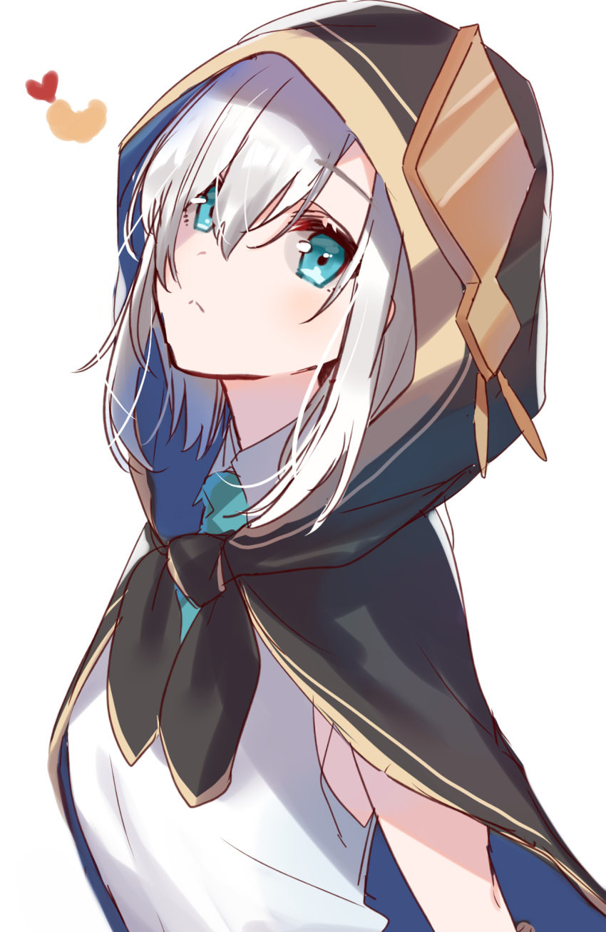 1girl :&lt; bangs black_cape blue_eyes cape character_request closed_mouth collared_shirt eyebrows_visible_through_hair green_neckwear hair_over_one_eye highres hood hood_up hooded_cape looking_at_viewer misumi_(macaroni) nijisanji shirt silver_hair simple_background sleeveless sleeveless_shirt solo upper_body virtual_youtuber white_background white_shirt