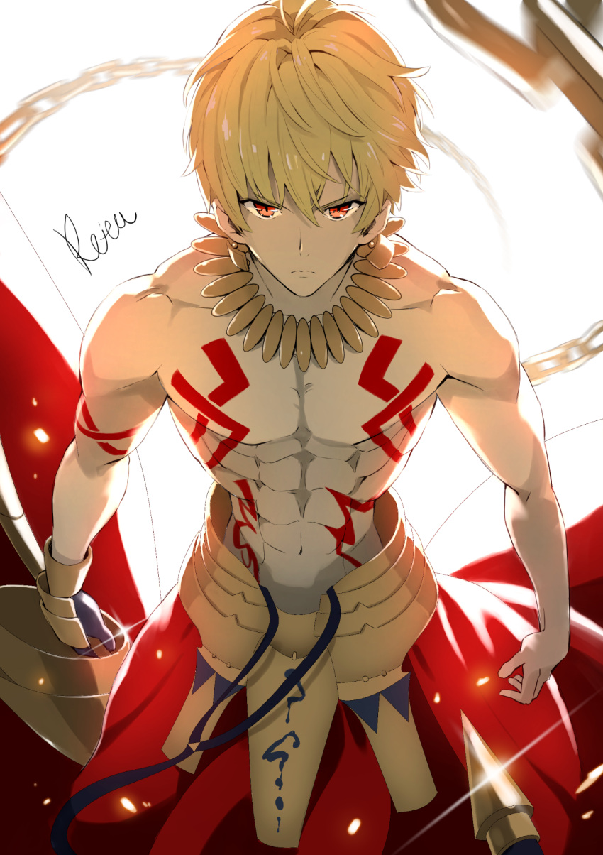 1boy abs armor bare_arms blonde_hair chain chest_tattoo closed_mouth cowboy_shot ea_(fate/stay_night) earrings fate/stay_night fate_(series) gilgamesh gloves highres hoshizaki_reita jewelry looking_at_viewer male_focus navel necklace red_eyes serious shirtless signature simple_background single_glove solo tattoo white_background
