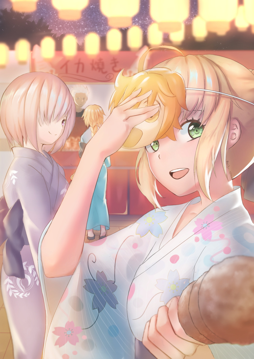 1boy 3girls absurdres ahoge archer artoria_pendragon_(all) bangs blonde_hair blue_kimono commentary_request fate/grand_order fate_(series) floral_print food fujimaru_ritsuka_(female) green_eyes highres holding holding_food japanese_clothes jeanne_d'arc_(fate) jeanne_d'arc_(fate)_(all) jmao kimono lamp lavender_hair looking_at_viewer mash_kyrielight multiple_girls night night_sky outdoors saber sky smile summer_festival translated white_hair wide_sleeves
