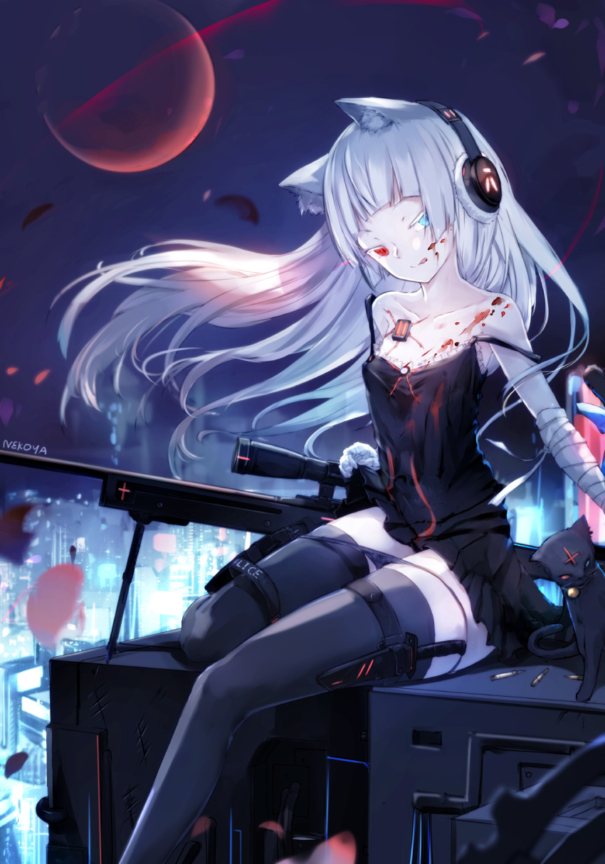 1girl ai_arctic_warfare animal animal_ear_fluff animal_ears awp_(girls_frontline)_(dyolf) bandaged_arm bandaged_hands bandages black_cat black_dress black_legwear blood blue_eyes bolt_action breasts bullet cat cityscape closed_mouth collarbone colored_eyelashes commentary_request dress dress_lift dyolf feet_out_of_frame floating_hair girls_frontline gun headphones heterochromia highres lifted_by_self long_hair looking_at_viewer night night_sky original outdoors red_eyes rifle signature silver_hair sitting sky sleeveless sleeveless_dress small_breasts sniper_rifle sniper_scope solo strap_slip tally thigh-highs tongue tongue_out very_long_hair weapon