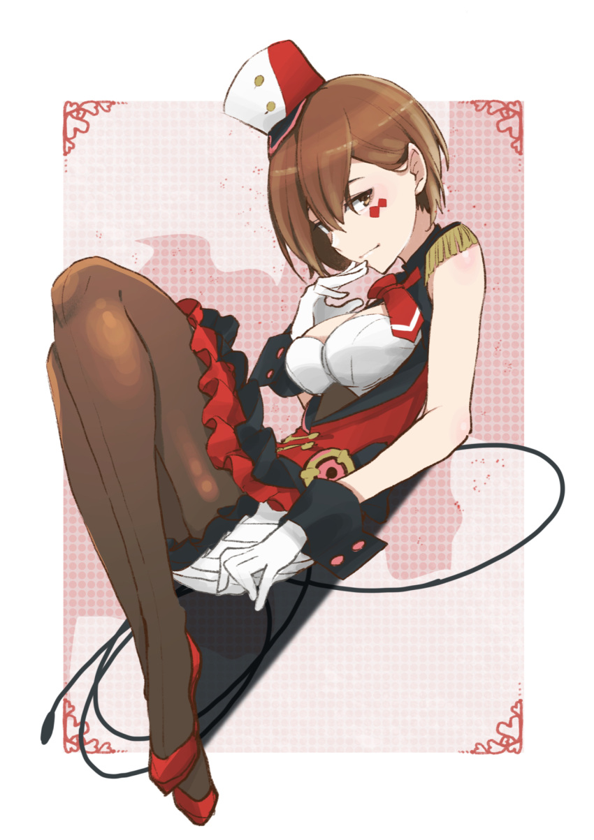 1girl agonasubi black_skirt breasts brown_eyes brown_hair commentary diamond_(shape) dutch_angle facial_tattoo fingers_to_chin framed_breasts frilled_skirt frills gloves hat highres knees_up layered_skirt lion_tamer magical_mirai_(vocaloid) medium_breasts meiko necktie pantyhose red_footwear red_neckwear red_shirt shirt short_hair shoulder_blush skirt solo tassel tattoo vocaloid whip white_gloves wrist_cuffs