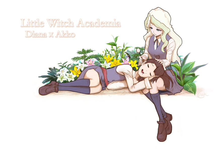 2girls blue_eyes blue_ribbon blue_sash brown_hair cleaning closed_eyes couple diana_cavendish ear_cleaning english_text grass happy kagari_atsuko lap_pillow little_witch_academia long_hair looking_at_another luna_nova_school_uniform lying mimikaki multicolored_hair multiple_girls neck_ribbon orcduck777 red_sash ribbon rock saliva sash school_uniform simple_background skirt smile socks text_focus thighs two-tone_hair uniform white_background yuri