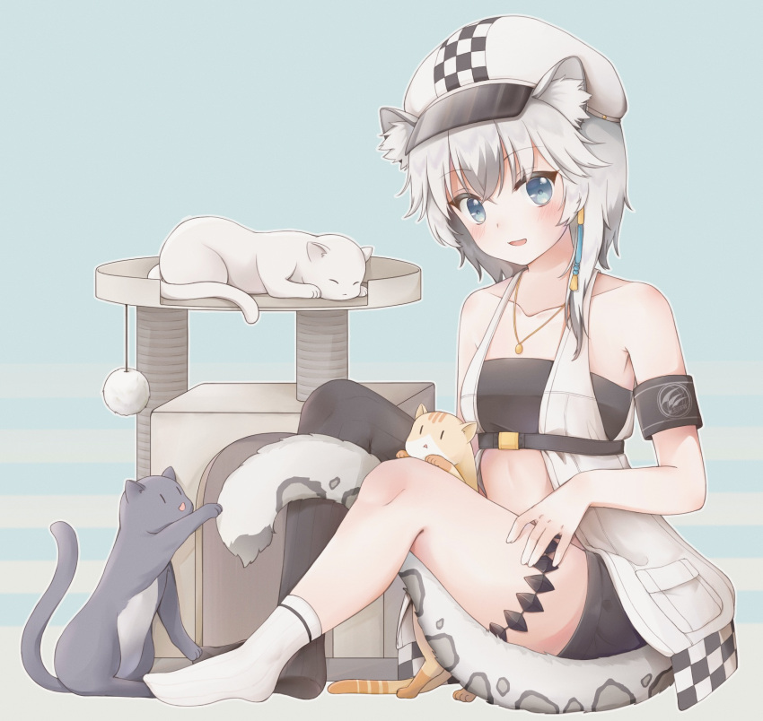 1girl :d animal_ear_fluff animal_ears arknights armband asymmetrical_legwear bandeau bangs bare_arms bare_shoulders belt beret black_belt black_legwear black_shorts blue_background blue_eyes blush cat checkered cliffheart_(arknights) collarbone commentary_request dress eyebrows_visible_through_hair hat highres jewelry looking_at_viewer miaomao mismatched_legwear no_shoes open_clothes open_dress open_mouth pendant pocket short_hair short_shorts shorts silver_hair single_thighhigh sitting sleeveless sleeveless_dress smile socks solo strapless tail thigh-highs tiger_ears tiger_tail tubetop white_dress white_headwear white_legwear