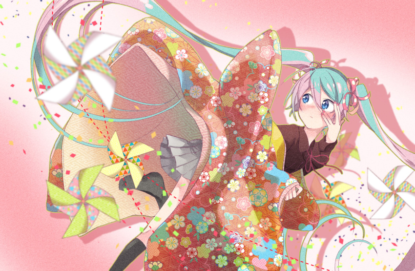 1girl agonasubi aqua_hair black_legwear blue_eyes blurry blurry_foreground blush cherry_blossom_print closed_mouth commentary confetti depth_of_field floral_print grey_skirt hair_ornament hair_ribbon hand_on_own_face hatsune_miku highres japanese_clothes kimono kneehighs leg_up long_hair looking_to_the_side nail_polish pink_nails pinwheel pleated_skirt red_kimono ribbon shadow skirt sleeves_past_wrists solo twintails very_long_hair vocaloid worried