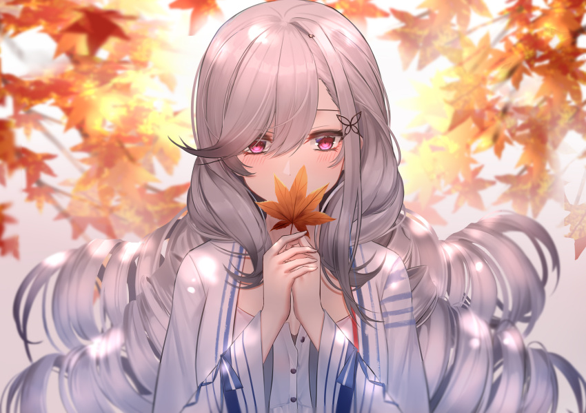 1girl autumn_leaves azur_lane bangs blush breasts butterfly_hair_ornament covering_mouth day dress drill_hair dunkerque_(afternoon_aphrodite)_(azur_lane) dunkerque_(azur_lane) eternity_(pixiv8012826) grey_hair hair_between_eyes hair_ornament hands_together hat highres jewelry large_breasts long_hair looking_at_viewer outdoors quad_drills sidelocks solo swept_bangs white_dress