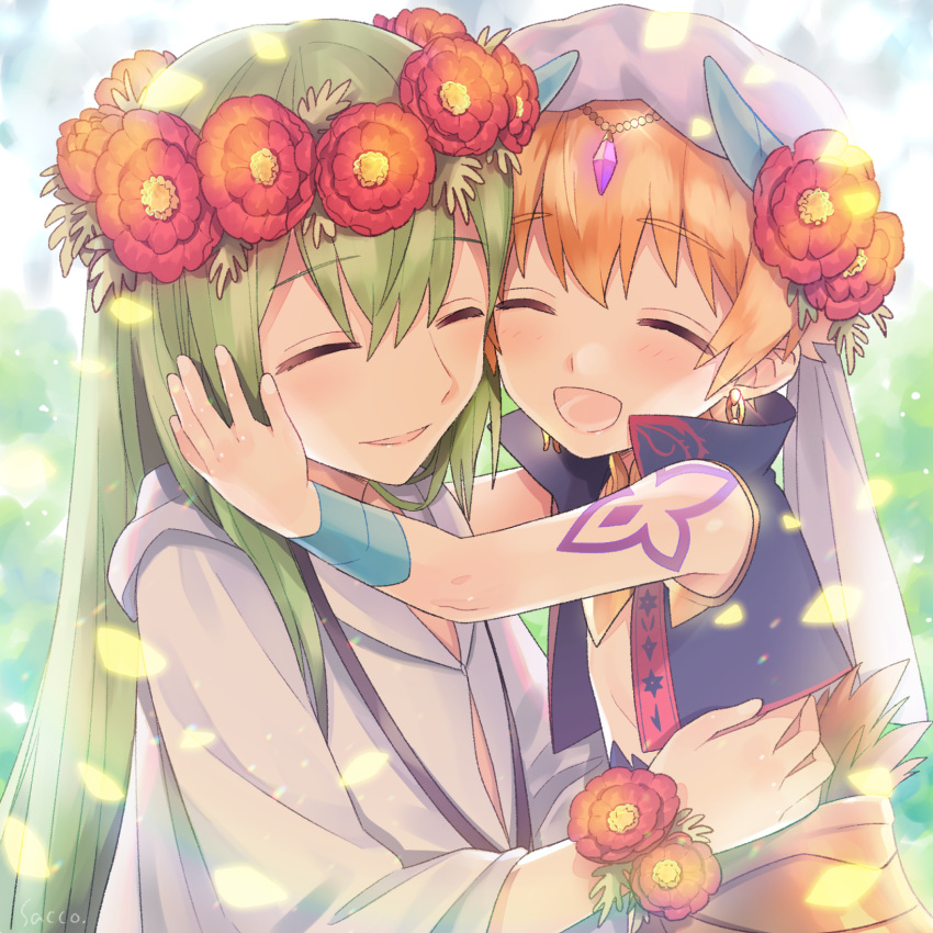 1boy 1other blonde_hair child_gilgamesh closed_eyes earrings enkidu_(fate/strange_fake) fate/grand_order fate/strange_fake fate_(series) flower gilgamesh gilgamesh_(caster)_(fate) green_hair hair_flower hair_ornament happy head_wreath highres hug jewelry long_hair open_mouth shoulder_tattoo tattoo turban upper_body veil vest xacco younger