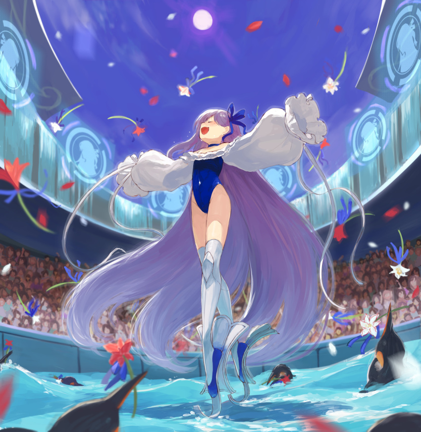 1girl bangs bare_shoulders bird blue_ribbon blue_sky blue_swimsuit breasts choker closed_eyes collarbone covered_navel crowd fate/grand_order fate_(series) flower frills full_body greaves highleg highleg_swimsuit highres long_hair long_sleeves meltryllis meltryllis_(swimsuit_lancer)_(fate) one-piece_swimsuit open_mouth penguin petals puffy_sleeves purple_hair ribbon sky sleeves_past_fingers sleeves_past_wrists small_breasts smile standing standing_on_liquid swimsuit thighs very_long_hair water yoshino_ns