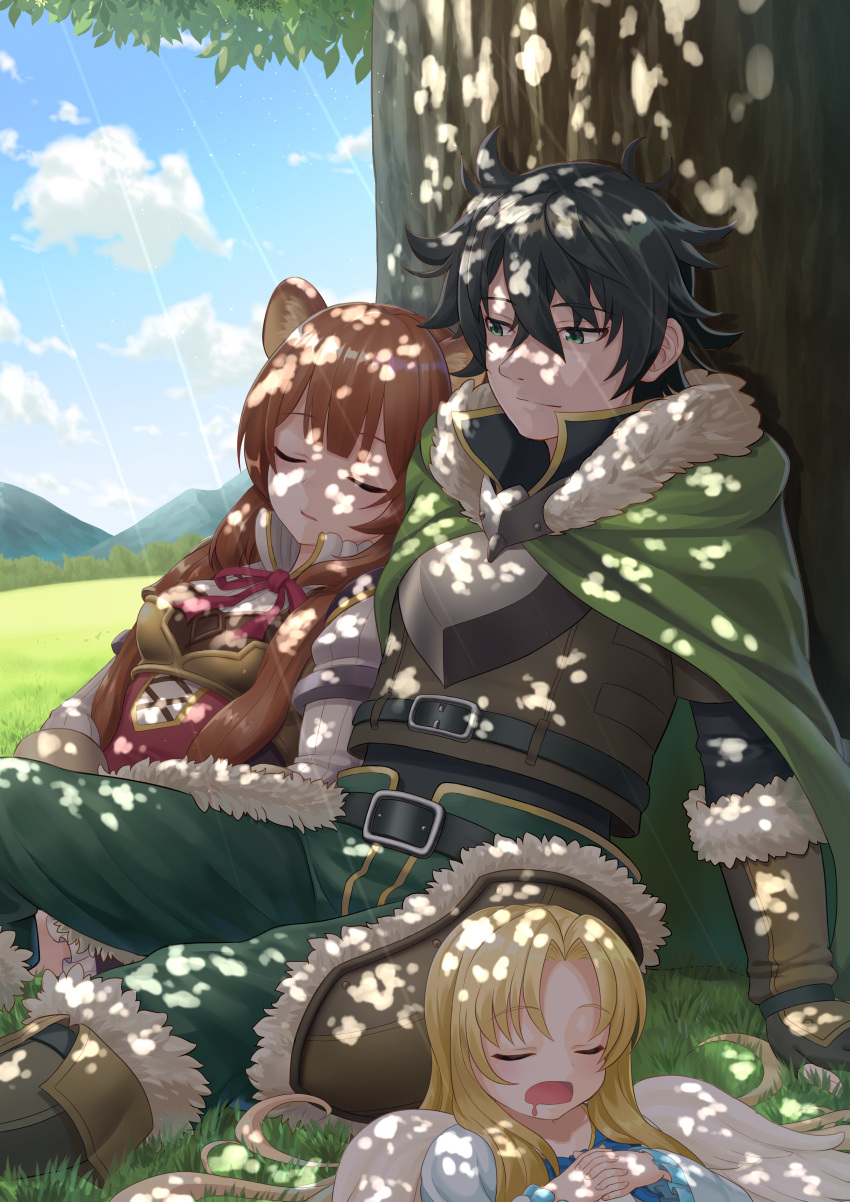 1boy 2girls absurdres animal_ears arm_support armor bangs belt black_belt black_hair blonde_hair blue_dress blue_sky breastplate breasts brown_gloves brown_hair brown_shirt cape closed_eyes clouds commentary_request day dress feathered_wings feet_out_of_frame firo_(tate_no_yuusha_no_nariagari) fur-trimmed_boots fur-trimmed_cape fur-trimmed_gloves fur_trim gloves grass green_cape green_eyes green_pants highres interlocked_fingers iwatani_naofumi juliet_sleeves kazuyan light_smile long_hair long_sleeves medium_breasts mountain multiple_girls neck_ribbon outdoors own_hands_together pants puffy_sleeves raccoon_ears raphtalia red_neckwear red_ribbon ribbon shirt sitting sky sleeping tate_no_yuusha_no_nariagari tree upper_body white_wings wings