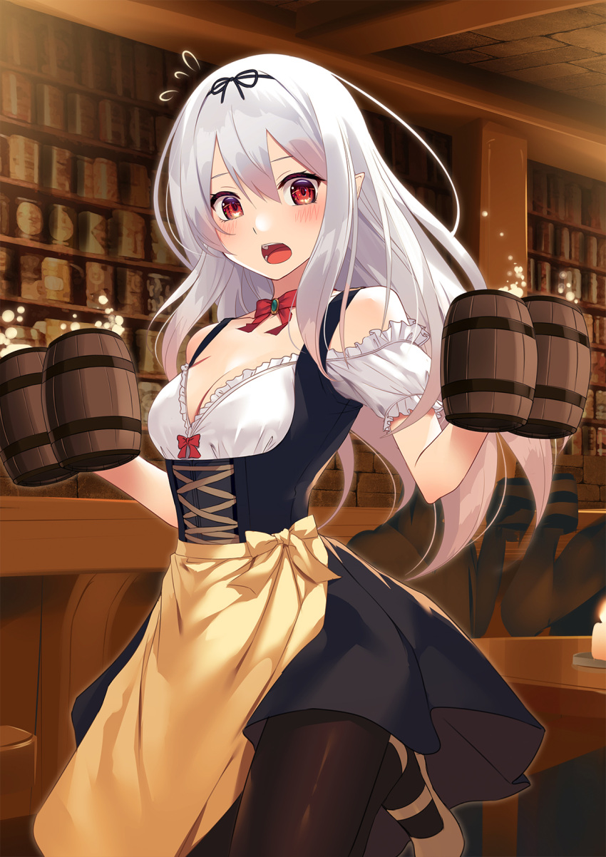 1girl 2others alcohol apron bangs bar beer beer_mug black_legwear black_ribbon blush breasts brown_footwear cowboy_shot cup dirndl dress german_clothes hair_between_eyes hair_ribbon highres holding holding_cup indoors kakaon leg_up long_hair looking_at_viewer multiple_others neck_ribbon open_mouth original pantyhose pointy_ears red_eyes red_ribbon ribbon short_sleeves sidelocks small_breasts waitress white_hair