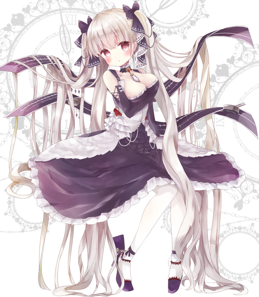 1girl :o absurdres azur_lane bangs bare_shoulders between_breasts black_bow black_dress black_footwear blush bow breasts brown_eyes commentary_request dress eyebrows_visible_through_hair formidable_(azur_lane) frilled_dress frills grey_hair hair_bow head_tilt high_heels highres large_breasts long_hair long_sleeves looking_at_viewer pantyhose parted_lips roman_numerals shoes shoulder_cutout solo tsukiyo_(skymint) twintails very_long_hair white_legwear