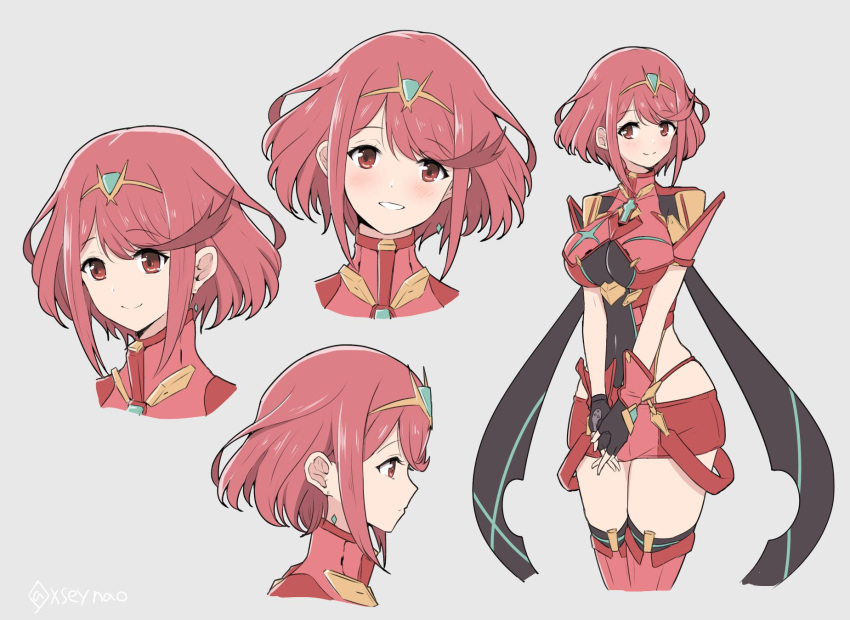 1girl bangs blush breasts covered_navel earrings fingerless_gloves gem gloves hair_ornament headpiece highres pyra_(xenoblade) jewelry large_breasts looking_at_viewer mochimochi_(xseynao) red_eyes redhead short_hair shorts simple_background smile solo swept_bangs tiara xenoblade_(series) xenoblade_2