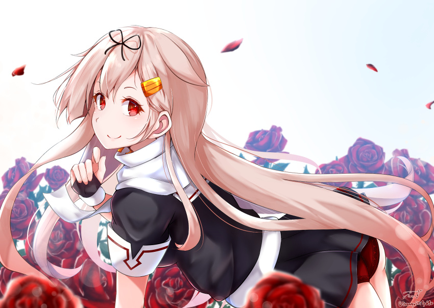 1girl baileys_(tranquillity650) black_serafuku blonde_hair commentary_request eyebrows_visible_through_hair fingerless_gloves floral_background flower gloves hair_behind_ear hair_between_eyes hair_flaps hair_ornament hair_ribbon highres kantai_collection long_hair looking_at_viewer looking_to_the_side panties petals red_eyes red_panties remodel_(kantai_collection) ribbon rose rose_petals scarf school_uniform serafuku short_sleeves smile solo underwear very_long_hair white_scarf yuudachi_(kantai_collection)