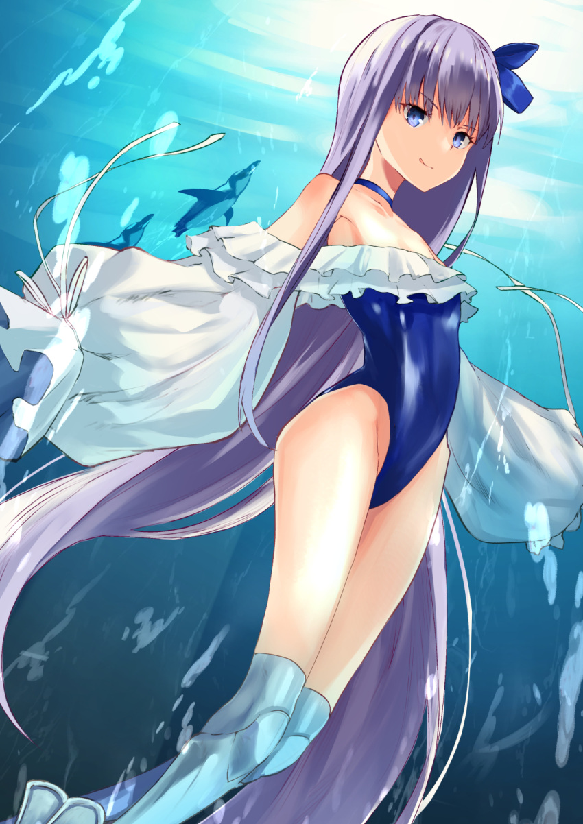 1girl bangs bare_shoulders bird blue_eyes blue_ribbon blue_swimsuit breasts choker closed_mouth collarbone covered_navel fate/grand_order fate_(series) frills greaves hair_between_eyes highleg highleg_swimsuit highres licking_lips long_hair long_sleeves looking_at_viewer meltryllis meltryllis_(swimsuit_lancer)_(fate) one-piece_swimsuit penguin puffy_sleeves purple_hair rarabyii ribbon sleeves_past_fingers sleeves_past_wrists small_breasts smile solo swimming swimsuit thighs tongue tongue_out underwater very_long_hair