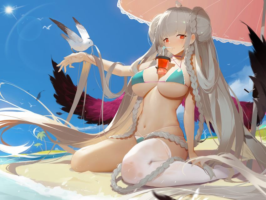1girl absurdres animal animal_on_head aqua_bikini arm_up azur_lane bangs bare_shoulders beach beach_umbrella bikini bird bird_on_head blunt_bangs blush braid breasts bright_pupils crazy_straw cubies_(tiger_205) cup disposable_cup double_bun drinking drinking_straw eyebrows_visible_through_hair formidable_(the_lady_of_the_beach)_(azur_lane) highres large_breasts lens_flare long_hair looking_at_viewer multi-strapped_bikini navel on_ground on_head palm_tree red_eyes seagull silver_hair single_thighhigh sitting skindentation solo stomach sun swimsuit thigh-highs tree twin_braids umbrella under_boob very_long_hair wariza white_legwear