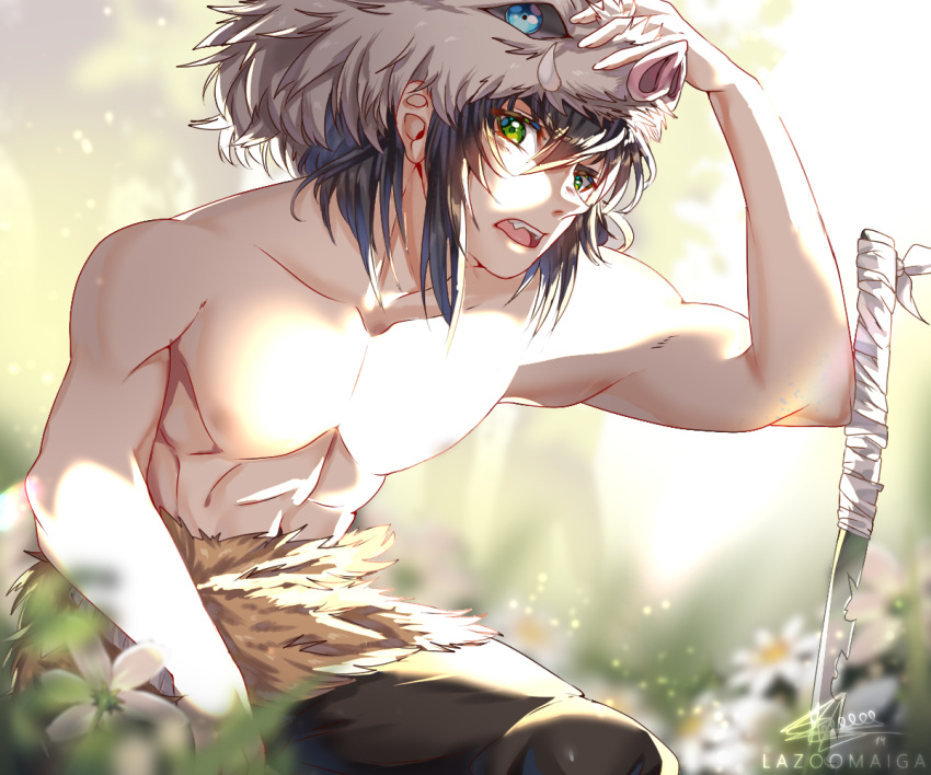 1boy black_hair blood cowboy_shot fangs fur gradient_hair green_eyes hashibira_inosuke kimetsu_no_yaiba lazoomaiga looking_at_viewer male_focus multicolored_hair muscle open_mouth pig_mask shirtless short_hair sitting solo sword teeth weapon