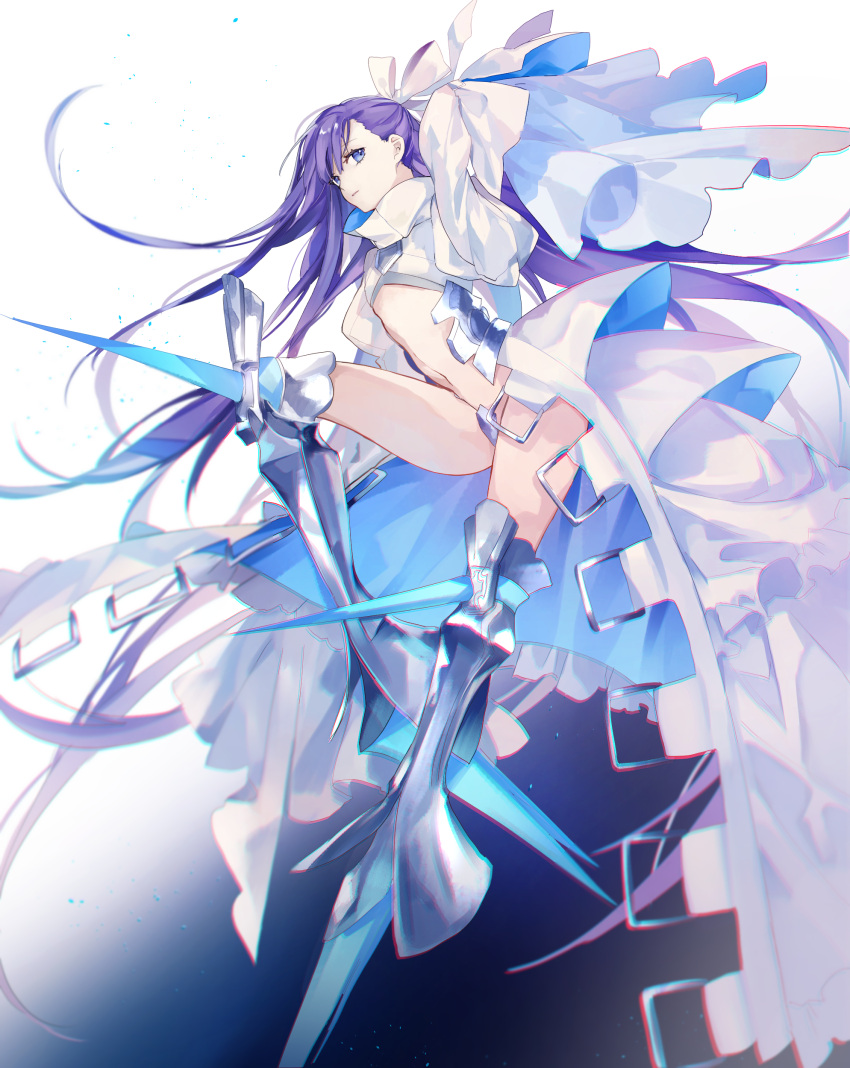 1girl absurdres armor blue_background blue_eyes bow expressionless fate/grand_order fate_(series) full_body gradient gradient_background hair_bow highres long_hair looking_at_viewer meltryllis navel peneko purple_hair revealing_clothes simple_background sleeves_past_wrists solo spikes white_background white_bow white_coat