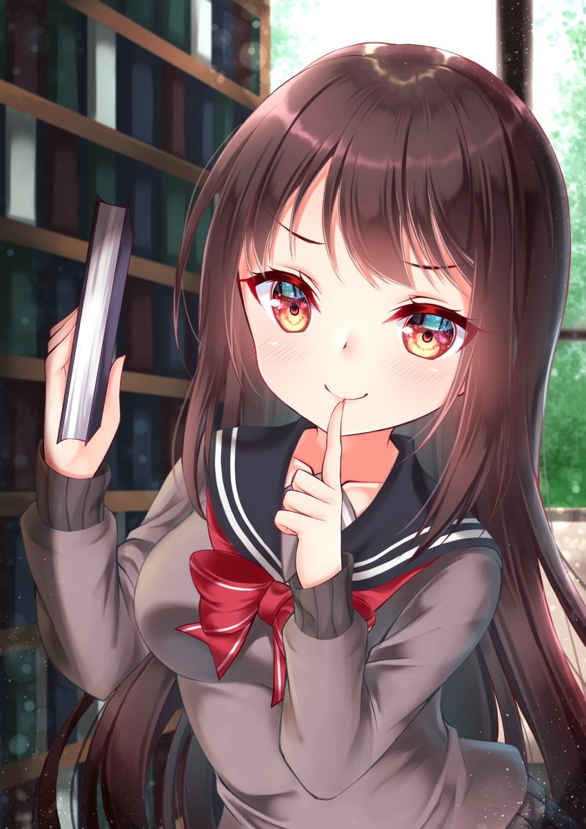 &gt;:) 1girl absurdres bangs black_sailor_collar blush book bookshelf bow brown_eyes brown_hair brown_shirt closed_mouth commentary_request eyebrows_visible_through_hair hands_up highres holding holding_book index_finger_raised indoors long_hair long_sleeves looking_at_viewer mirai_(happy-floral) original red_bow sailor_collar school_uniform serafuku shirt sleeves_past_wrists smile solo upper_body v-shaped_eyebrows very_long_hair