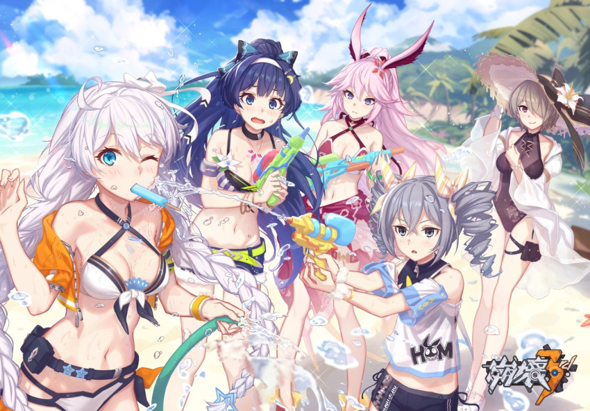 5girls ahoge animal_ears bangs bare_shoulders beach belt bikini blue_eyes blue_hair blue_sky blush braid breasts bronya_zaychik criss-cross_halter cropped_jacket day eyebrows_visible_through_hair food fox_ears grey_eyes grey_hair hair_between_eyes hair_flaps hair_ornament hair_over_one_eye hairband halterneck hat holding_hose holding_water_gun honkai_(series) honkai_impact_3rd hose kiana_kaslana large_breasts logo long_hair looking_at_viewer m-ya medium_breasts messy_hair mouth_hold multiple_girls navel ocean official_art open_mouth outdoors pink_bikini pink_hair ponytail popsicle purple_swimsuit raiden_mei rita_rossweisse sand sarong short_hair sidelocks silver_hair sky smile stomach straw_hat swimsuit twin_braids very_long_hair violet_eyes water water_gun white_bikini white_hairband yae_sakura