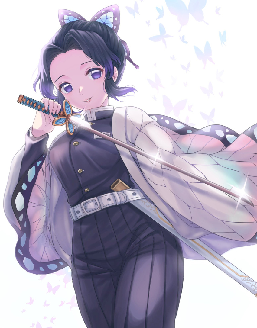 1girl akina_(akn_646) bangs belt black_hair breasts bug butterfly butterfly_hair_ornament hair_ornament haori highres insect japanese_clothes katana kimetsu_no_yaiba kochou_shinobu long_hair long_sleeves looking_at_viewer parted_bangs purple_hair short_hair simple_background smile solo sword uniform violet_eyes weapon wide_sleeves