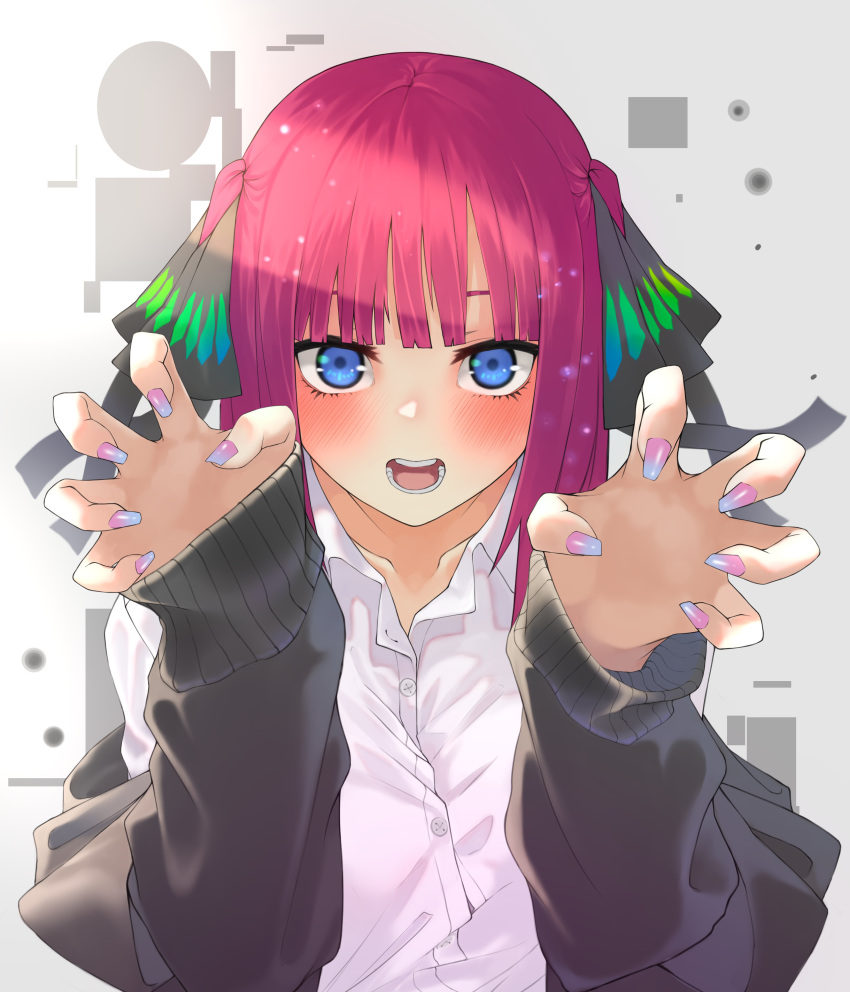 1girl absurdres bangs black_cardigan black_ribbon black_sweater blue_eyes blunt_bangs blush butterfly_hair_ornament cardigan collared_shirt commentary_request dress_shirt go-toubun_no_hanayome hair_ornament hair_ribbon highres kesuno looking_at_viewer multicolored multicolored_nails nail_polish nakano_nino open_cardigan open_clothes open_mouth outstretched_hand pink_hair ribbon shirt short_hair sweater white_shirt