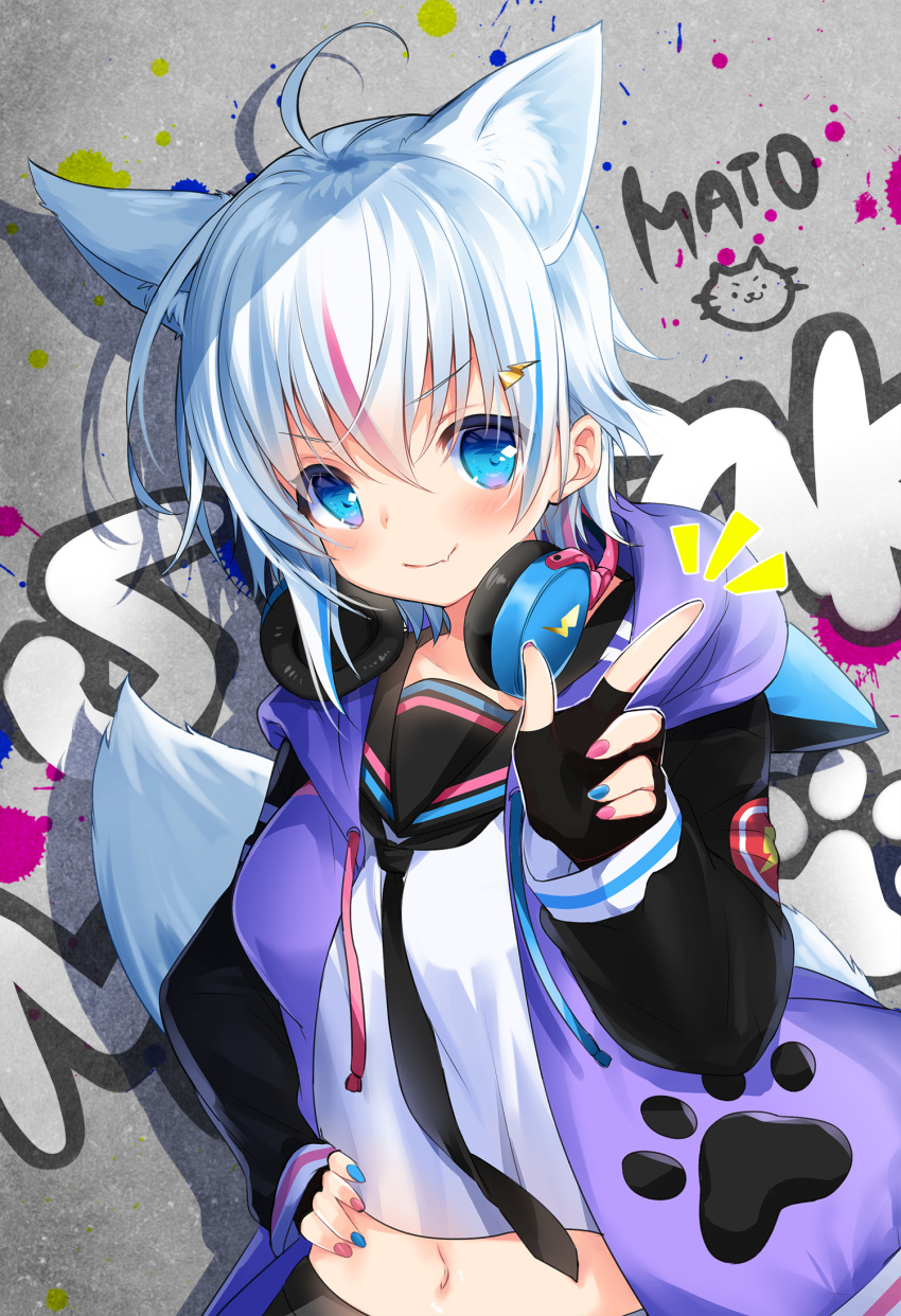 1girl ahoge animal_ear_fluff animal_ears bangs between_breasts black_gloves black_neckwear black_sailor_collar blue_eyes blue_nails breasts commentary_request copyright_request drawstring eyebrows_visible_through_hair fingerless_gloves fingernails gloves graffiti hair_between_eyes hair_ornament hand_on_hip headphones headphones_around_neck highres jacket lightning_bolt lightning_bolt_hair_ornament long_sleeves midriff motohara_moka multicolored multicolored_hair multicolored_nails navel necktie necktie_between_breasts notice_lines open_clothes open_jacket pink_hair pink_nails purple_jacket sailor_collar school_uniform serafuku shadow shirt silver_hair sleeves_past_wrists small_breasts solo streaked_hair tail tail_raised upper_body virtual_youtuber white_shirt