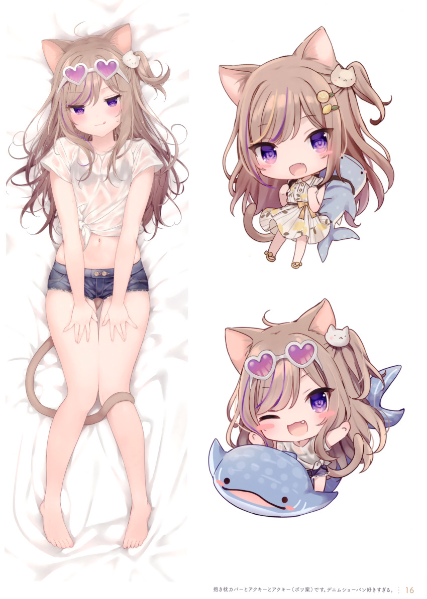 1girl :p :q ;d absurdres animal_ears breasts cat_ears cat_hair_ornament cat_tail chibi dakimakura denim denim_shorts eyewear_on_head fang full_body hair_ornament highres leo_(mafuyu) light_brown_hair mafuyu_(chibi21) navel one_eye_closed open_mouth original shirt shorts side_ponytail small_breasts smile stuffed_animal stuffed_fish stuffed_toy sunglasses sweat tail tied_shirt tongue tongue_out violet_eyes wet wet_clothes wet_shirt