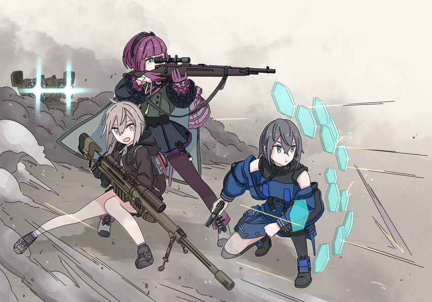 3girls aiming bolt_action cannon carcano carcano_m1891_(girls_frontline) cheytac_m200 chinese_commentary commentary_request dust_cloud firing girls_frontline grey_hair gun handgun m200_(girls_frontline) multiple_girls p22_(girls_frontline) pantyhose pistol purple_hair rifle shield sniper_rifle squatting tab_(tabkun) walther_p22 weapon