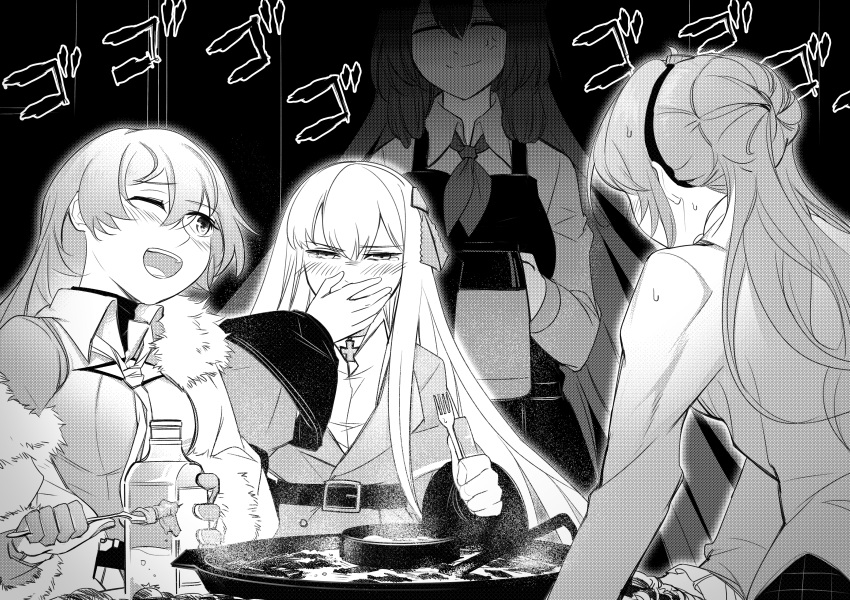 4girls absurdres anger_vein apron ascot bangs blush choker closed_eyes coat commentary_request covering_mouth drink drunk eyebrows_visible_through_hair eyes_visible_through_hair food fork fur-trimmed_coat fur_trim girls_frontline gloves hair_between_eyes hair_bun hair_ribbon hand_over_own_mouth hat hat_removed headwear_removed highres holding holding_fork iron_cross kar98k_(girls_frontline) lee-enfield_(girls_frontline) long_hair long_sleeves m1903_springfield_(girls_frontline) military military_uniform monochrome mosin-nagant_(girls_frontline) multiple_girls mush necktie one_eye_closed open_mouth pitcher ribbon shaded_face sidelocks smile sound_effects sweatdrop tearing_up tied_hair tongue uniform upper_teeth wing_collar