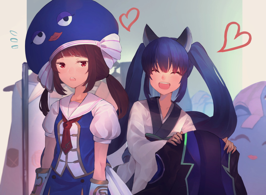 2girls animal_ears bangs blue_hair blue_headwear blue_shirt brown_eyes brown_hair cat_ears commentary_request frown grin heart highres hiiragi_mikoto holding holding_jacket jacket japanese_clothes kimono long_hair long_sleeves looking_at_viewer multiple_girls otomachi_una puffy_short_sleeves puffy_sleeves red_neckwear shirt short_sleeves skirt smile tagme touhoku_kiritan twintails upper_teeth voiceroid white_kimono white_shrit