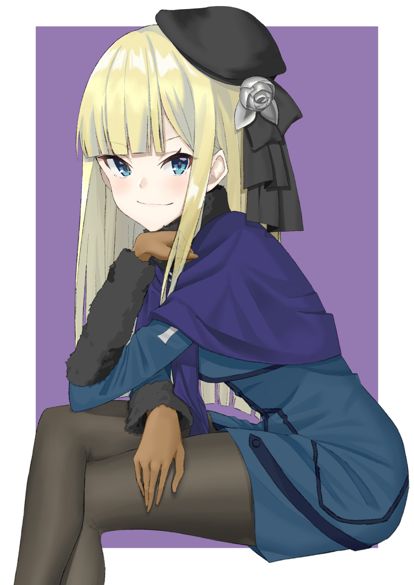 1girl bangs black_headwear black_legwear blonde_hair blue_eyes blue_jacket brown_gloves commentary_request eyebrows_visible_through_hair fate/grand_order fate_(series) flower from_side gloves grey_flower hat highres jacket long_hair long_sleeves looking_at_viewer lord_el-melloi_ii_case_files pantyhose purple_background reines_el-melloi_archisorte shinonome_neru simple_background smile solo