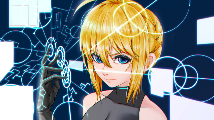 1girl ahoge artoria_pendragon_(all) bare_shoulders black_gloves blue_eyes braid collarbone commentary_request eyebrows_visible_through_hair face fate/grand_order fate_(series) gloves hair_between_eyes highres looking_at_viewer saber solo sunlon
