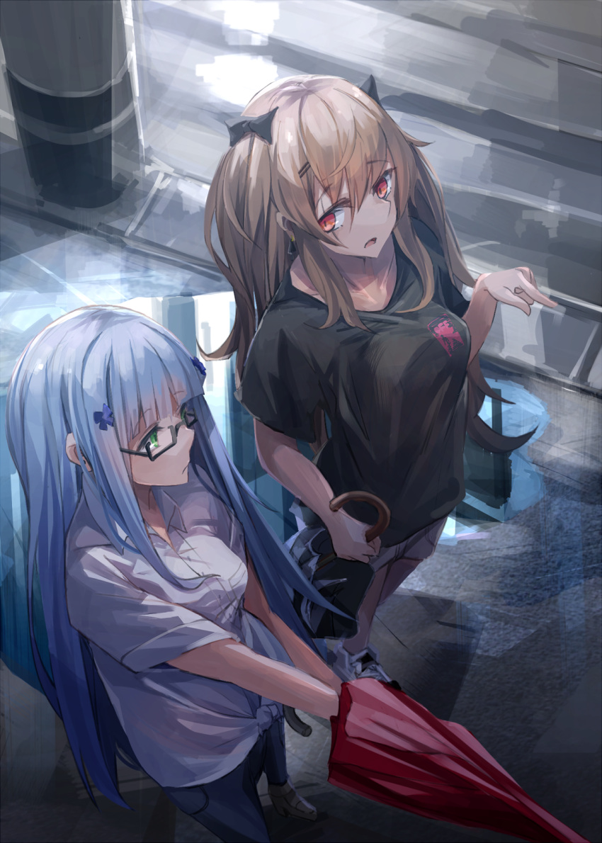 2girls black_shirt blue_hair brown_hair girls_frontline glasses green_eyes highres hk416_(girls_frontline) miyabino_(miyabi1616) multiple_girls puddle red_eyes scar scar_across_eye shirt t-shirt twintails umbrella ump9_(girls_frontline) wet white_shirt